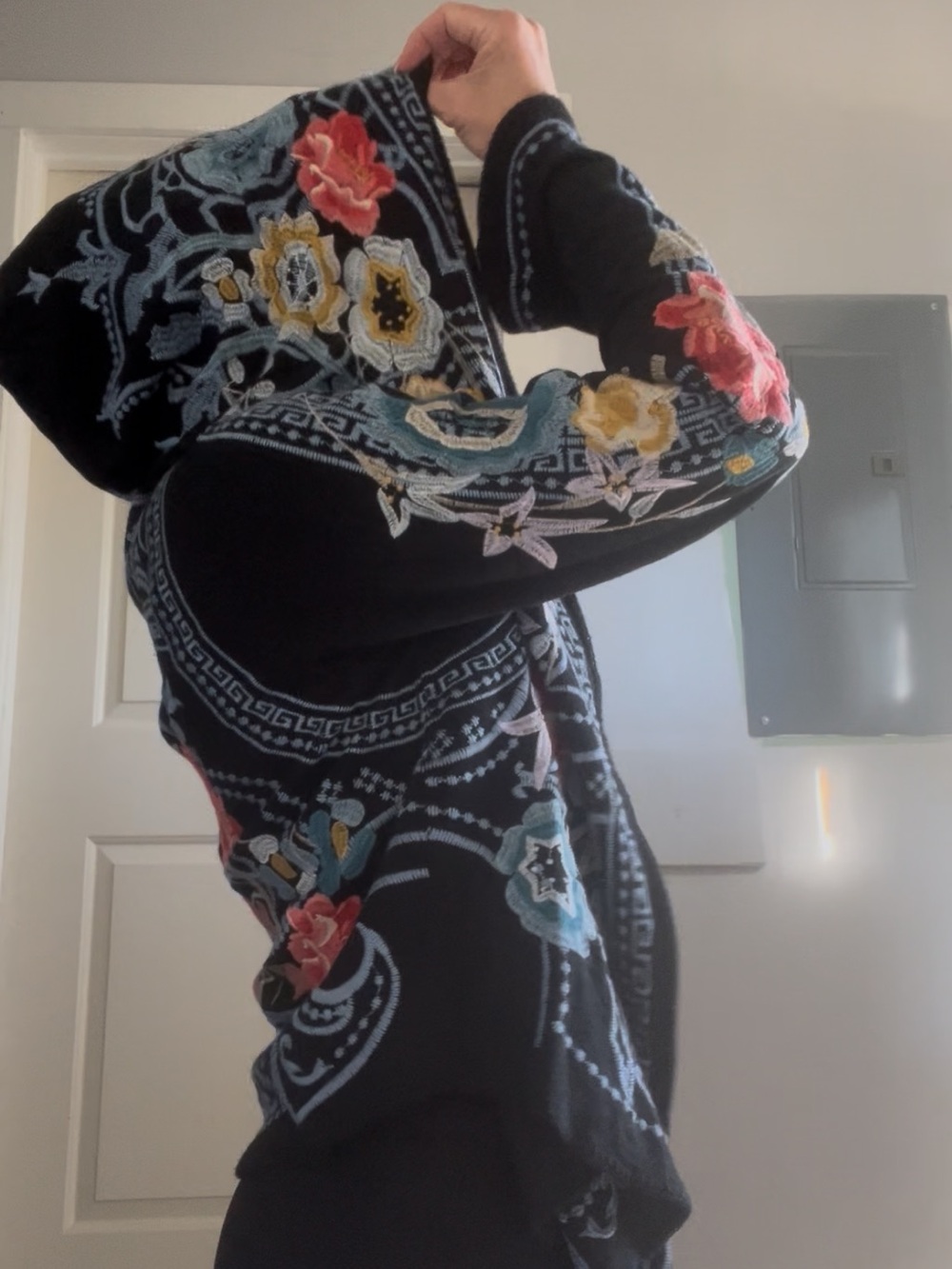 Johnny Was Black Hooded Cardigan with Multicolor Floral Embroidery
